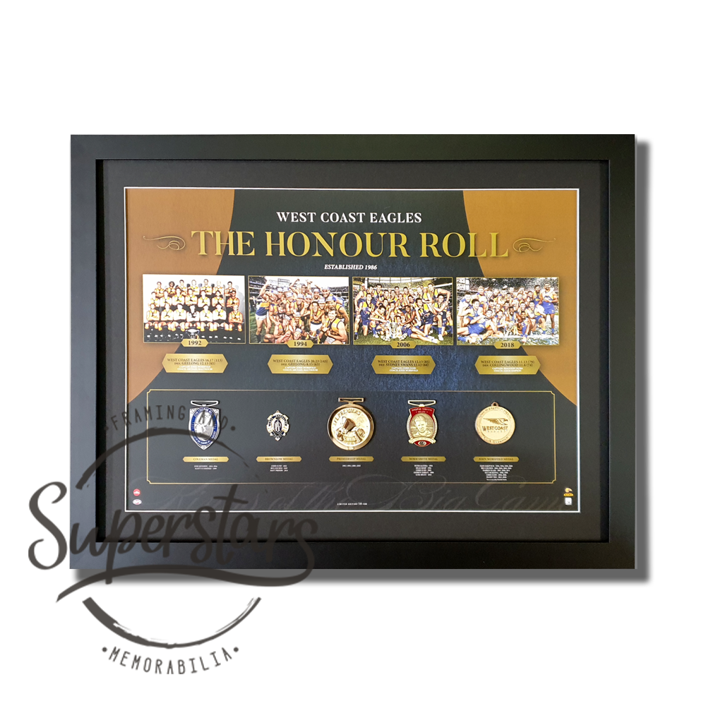 West Coast Eagles memorabilia - The Honour Roll title across the top. 4 full colour photos of each of the premiership wins. A replica of each medal won by the club along the bottom with key details of how they were attained.