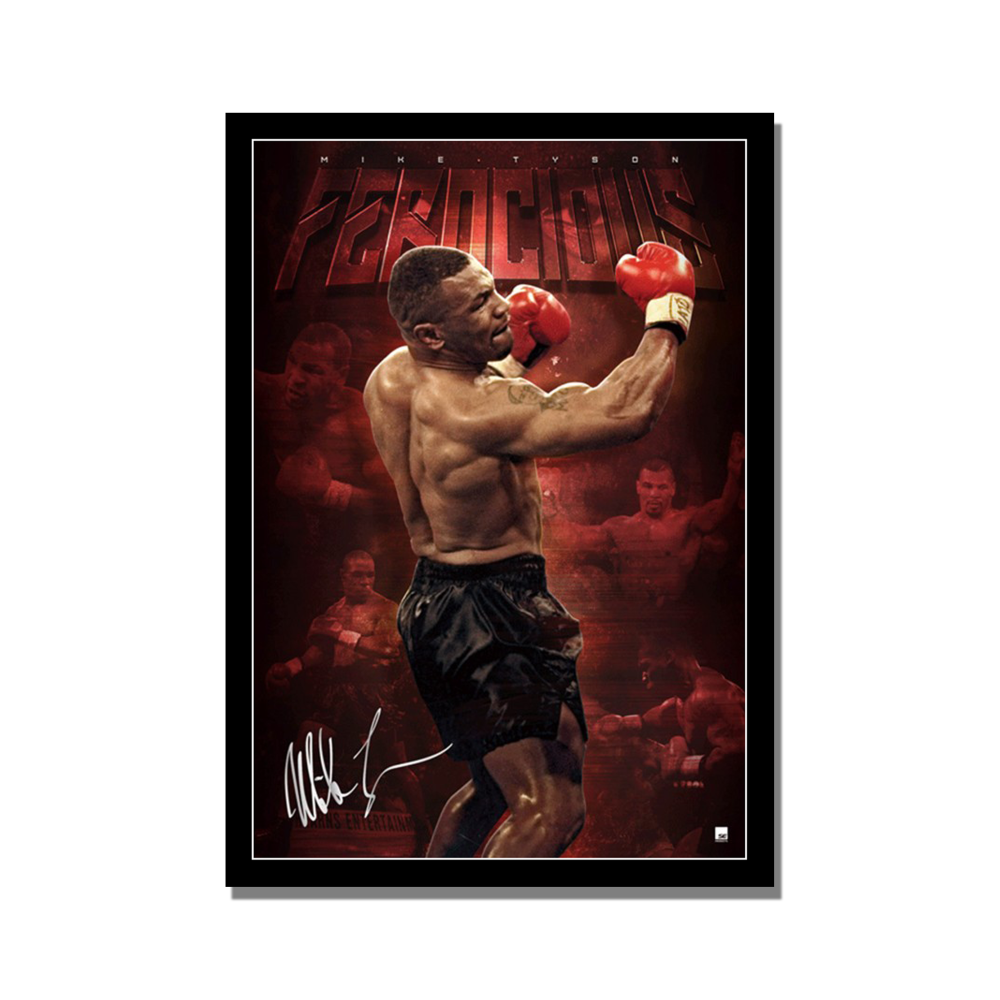 Custom framed poster of Mike Tyson in action. A silver signature is part of the print as well as a title reading Ferocious.
