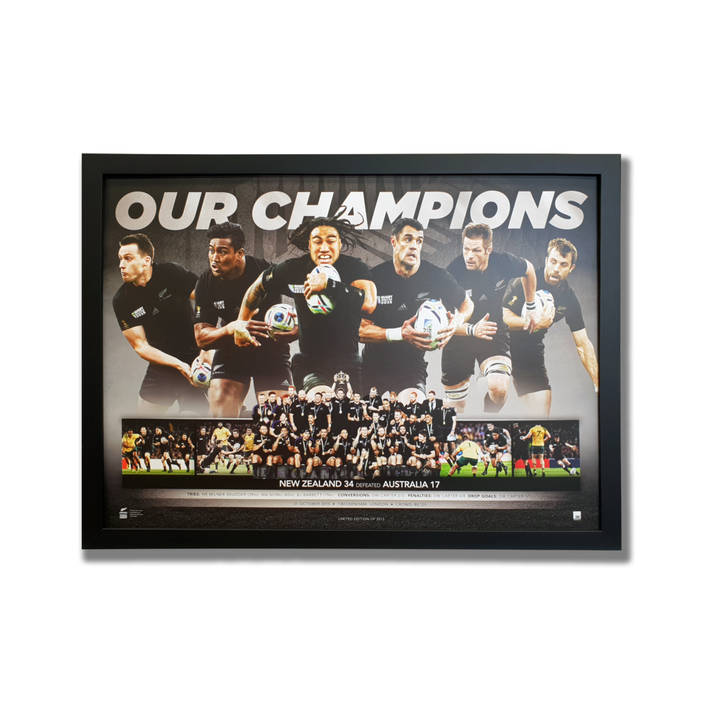 All Blacks memorabilia. The title reads Our Champions in white block letters. 6 player profiles have been layered across the middle. Below are some team photos. The caption summarises key game statistics. Framed with a black timber frame.