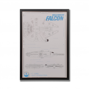 A white poster with a drawing of millenium falcon, the starship from Star Wars. The poster is surrounded by a black frame.