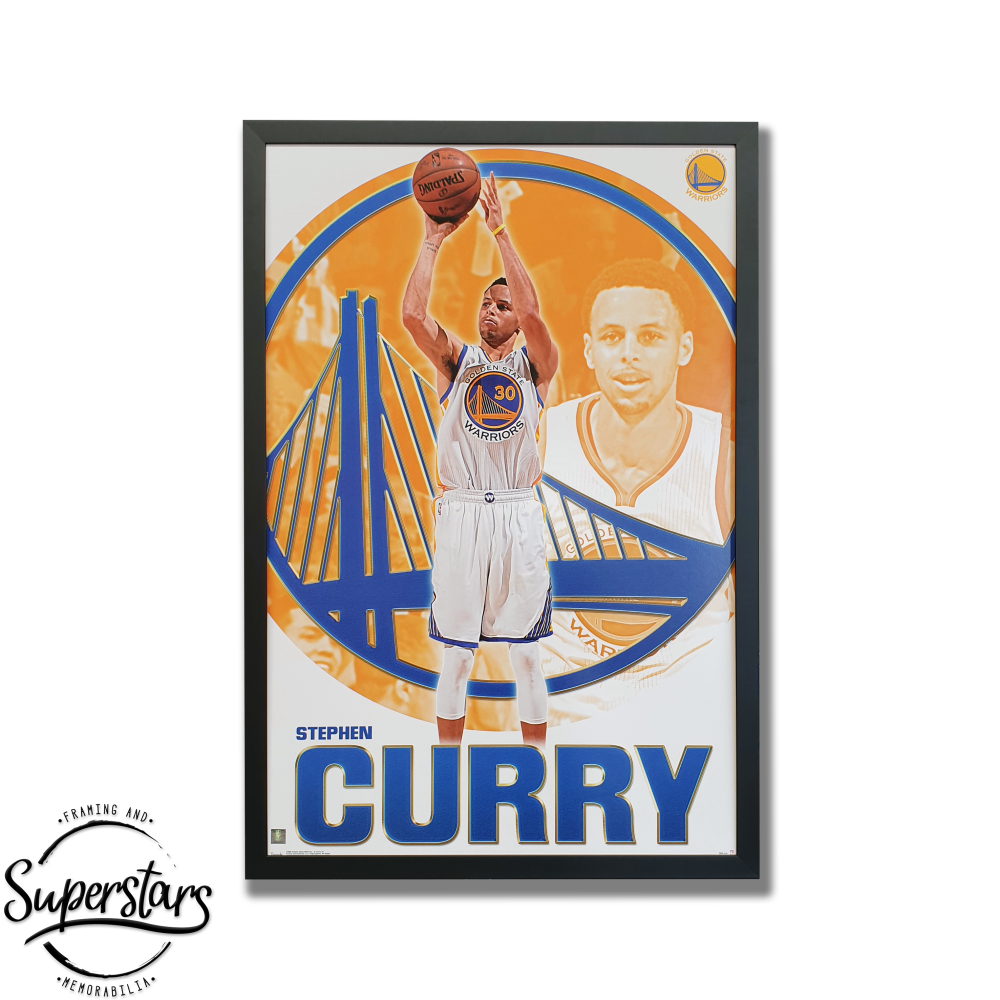 Steph Curry Poster Centre features Curry about to shoot the ball. With the Golden State Warriors logo in the background. Custom framed in a black timber frame. Curry is in large font along the bottom.