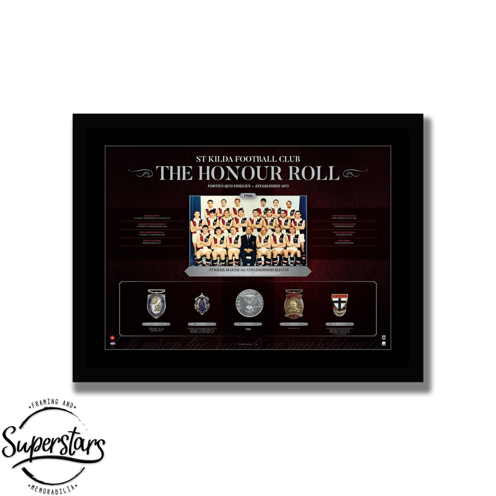 A photo and replica medals of the St Kilda Football Team