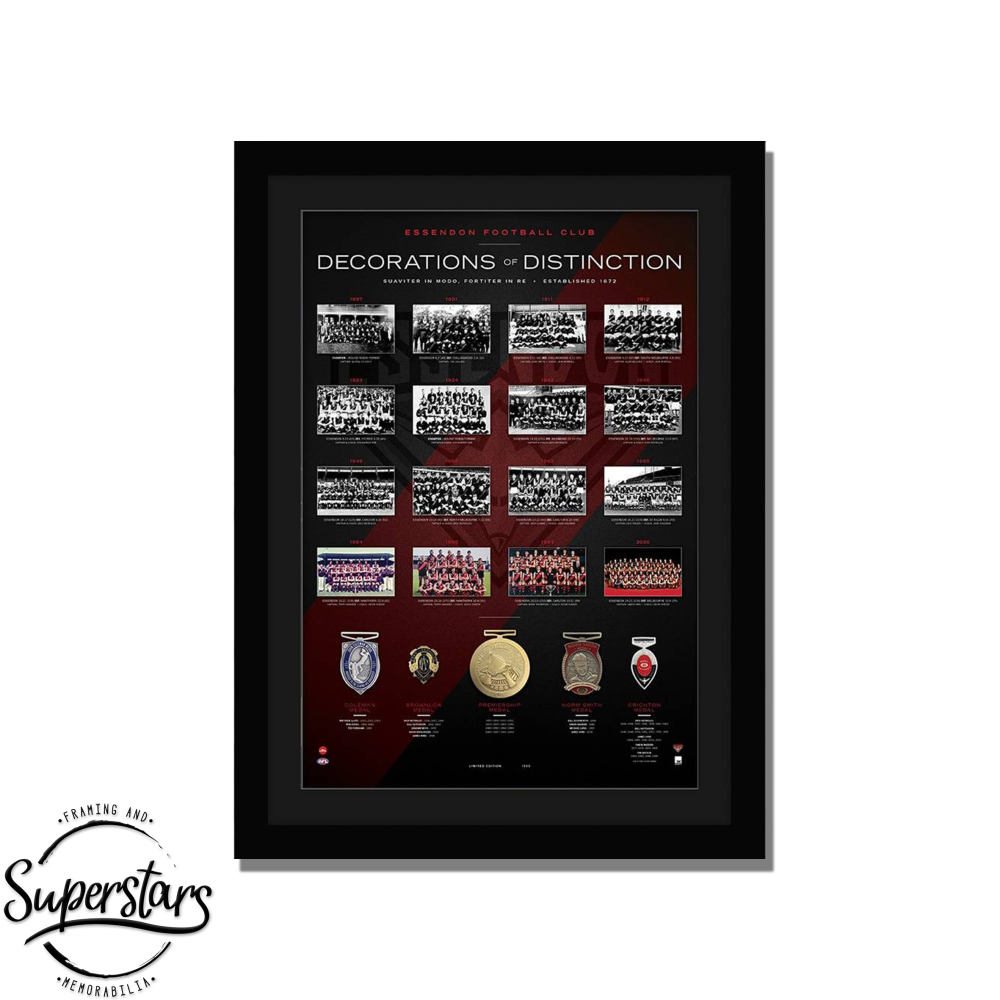 Essendon Football Club Memorabilia. Decorations of Distinction has a collection of photos capturing every premiership team. A row to replica medals with the details of when they were won. Framed with black timber and matting to suit.