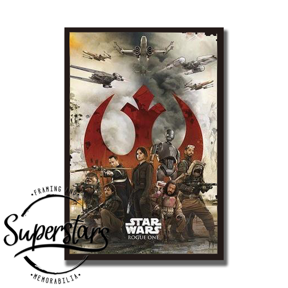 Rogue One poster - all the characters in action positions standing in front of Rogue One logo