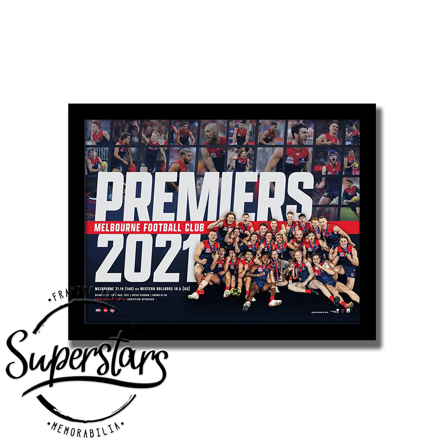 2021 Premiers - Melbourne Football Club. This poster has the words Premiers 2021 in large white font, with Melbourne Football Club running in the middle in small white font and a red ribbon. The background is a collage of action photos that have been faded. In the forefront is the team celebration photo