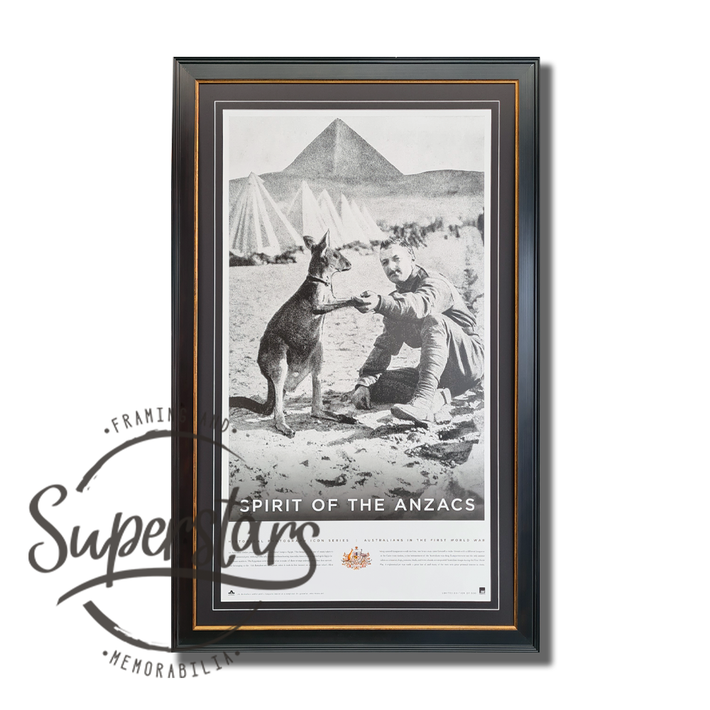 An iconic black and white photo showing an Australian soldier shaking hands with a kangaroo in Egypt with the pyramids behind him. It has been framed with a black border and a dark wooden frame with gold trim. ANZAC memorabilia available in Perth