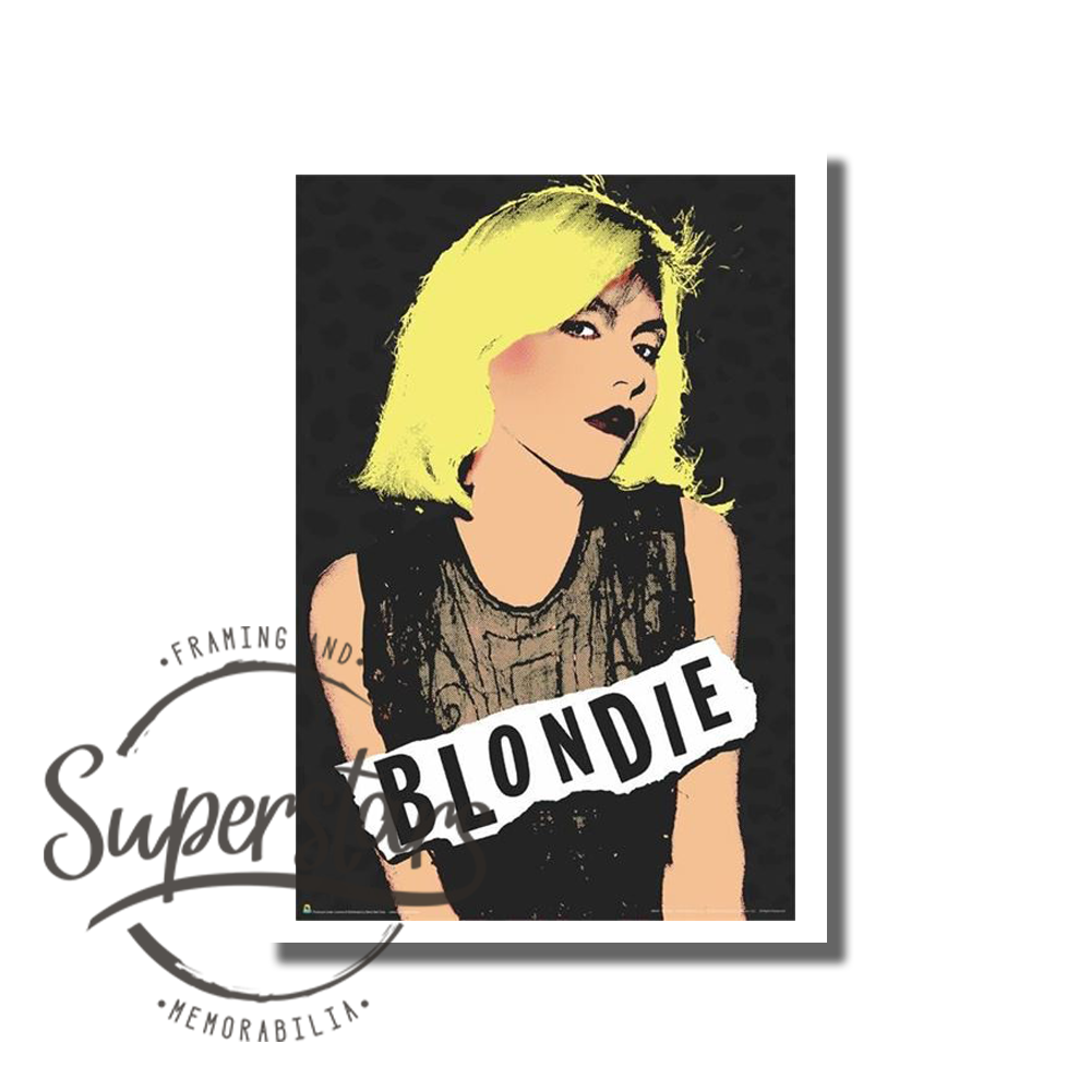 Blondie Music Poster - A poster of a blonde female wearing a black singlet. The word "Blondie" across the middle. The background is black