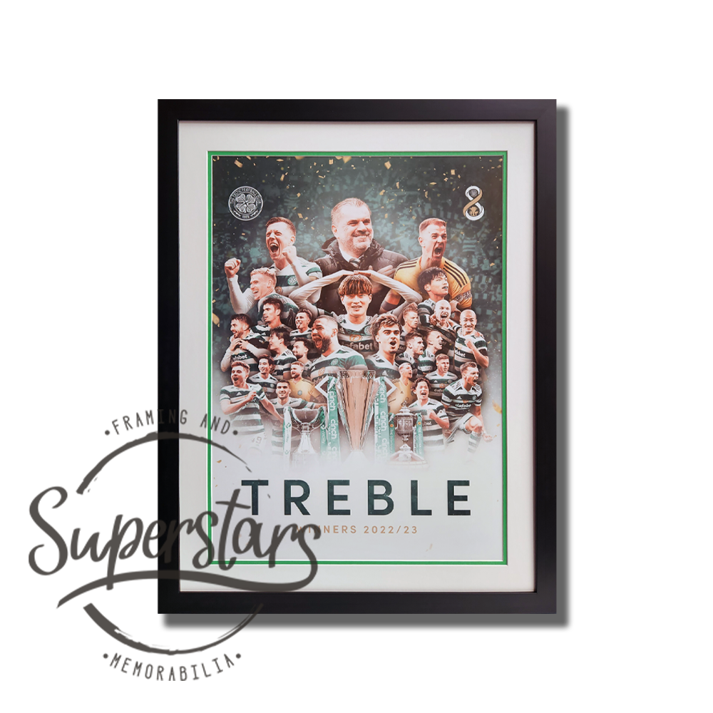 Celtics Soccer Club Memorabilia. A poster featuring the team celebrating their treble win. It has a white border, a green trim line and a black frame.