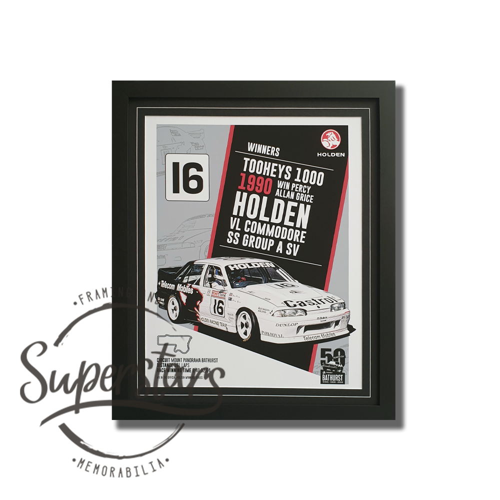 A poster that has a picture of a Holden Commodore SS. The picture has the key event statisits and names of the drivers, along with the event