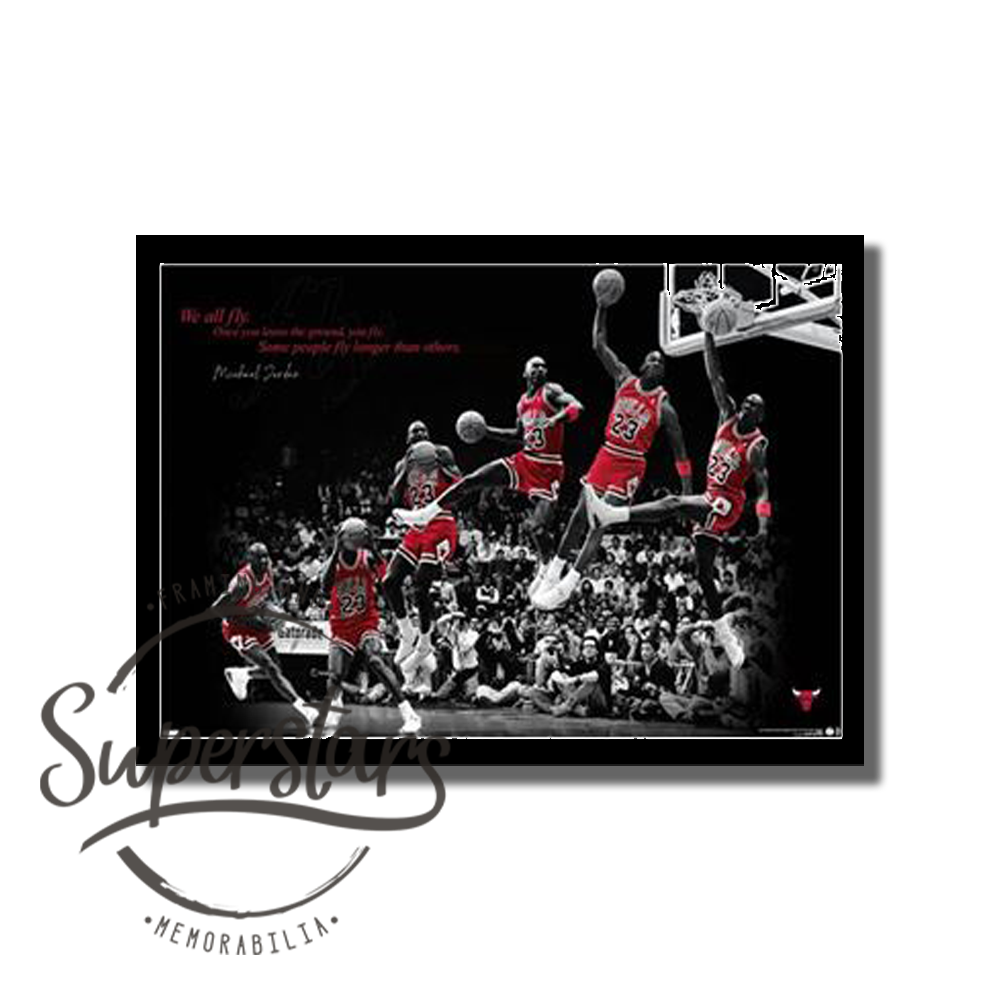 Michael Jordan imagery of a slam dunk in motion is in colour with the crowd in black and white as the backdrop. A quote has been written in red.