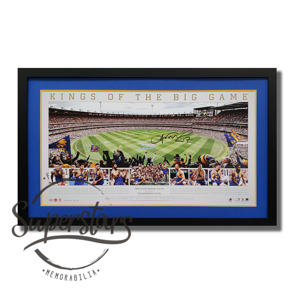2018 West Coast Eagles memorabilia. The main feature is a panoramic of the MCG during the game. This photo has the words Kings of the Big Game across the top. Along the bottom is black text with the story of the 2018 West Coast Eagles season and action photos of key players.