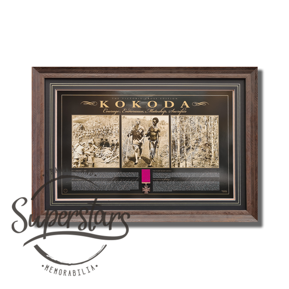 World War 2 Memorabilia - a poster with three sepia images and small text detailing the Kokoda trail. It includes a replica Victoria Cross medal. It is frame with a black border and gold trim. The frame is a dark wooden frame with a gold trim. The gold trim is made to look antique