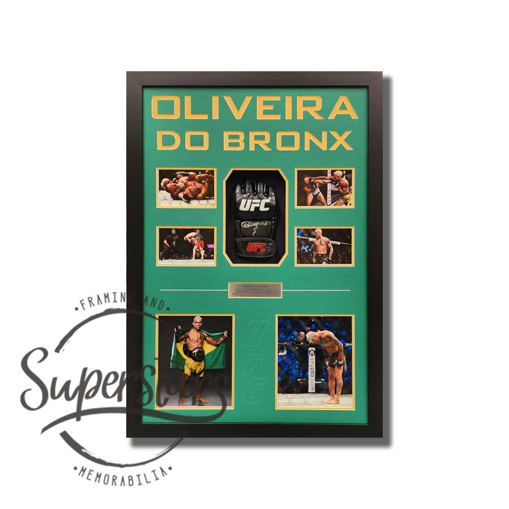 Charles Oliveira signed glove has been mounted with 4 small action photos around it. Below is a plaque, and two larger photos. The main border is green with yellow trim. The main frame is a black timber.