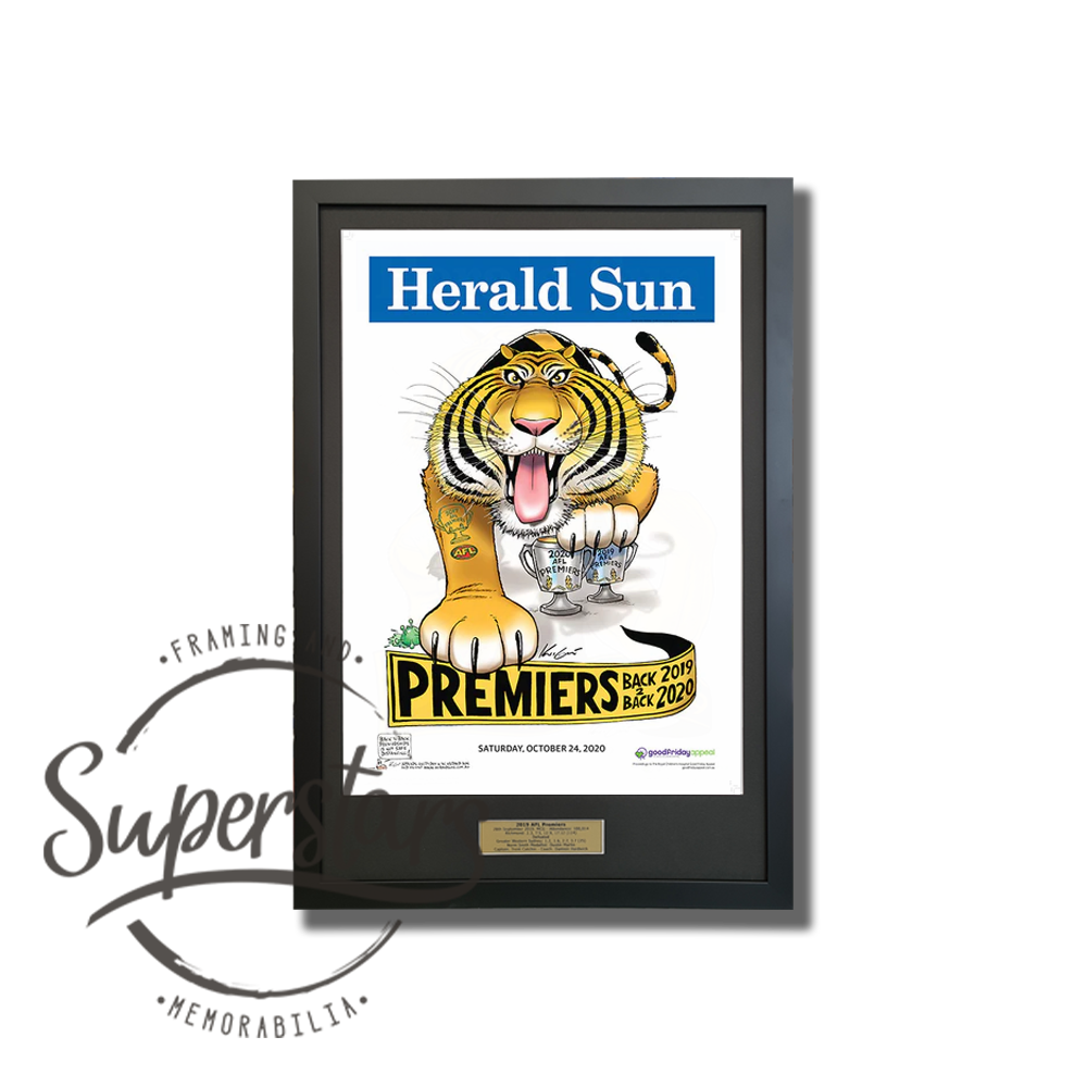 Richmond Premiership Memorabilia. 2020 AFL Premiers. A cartoon tiger is the main feature, with the word Premiers 2019 2020 across the bottom. This has been framed with a black border, black timber frame and gold plaque.