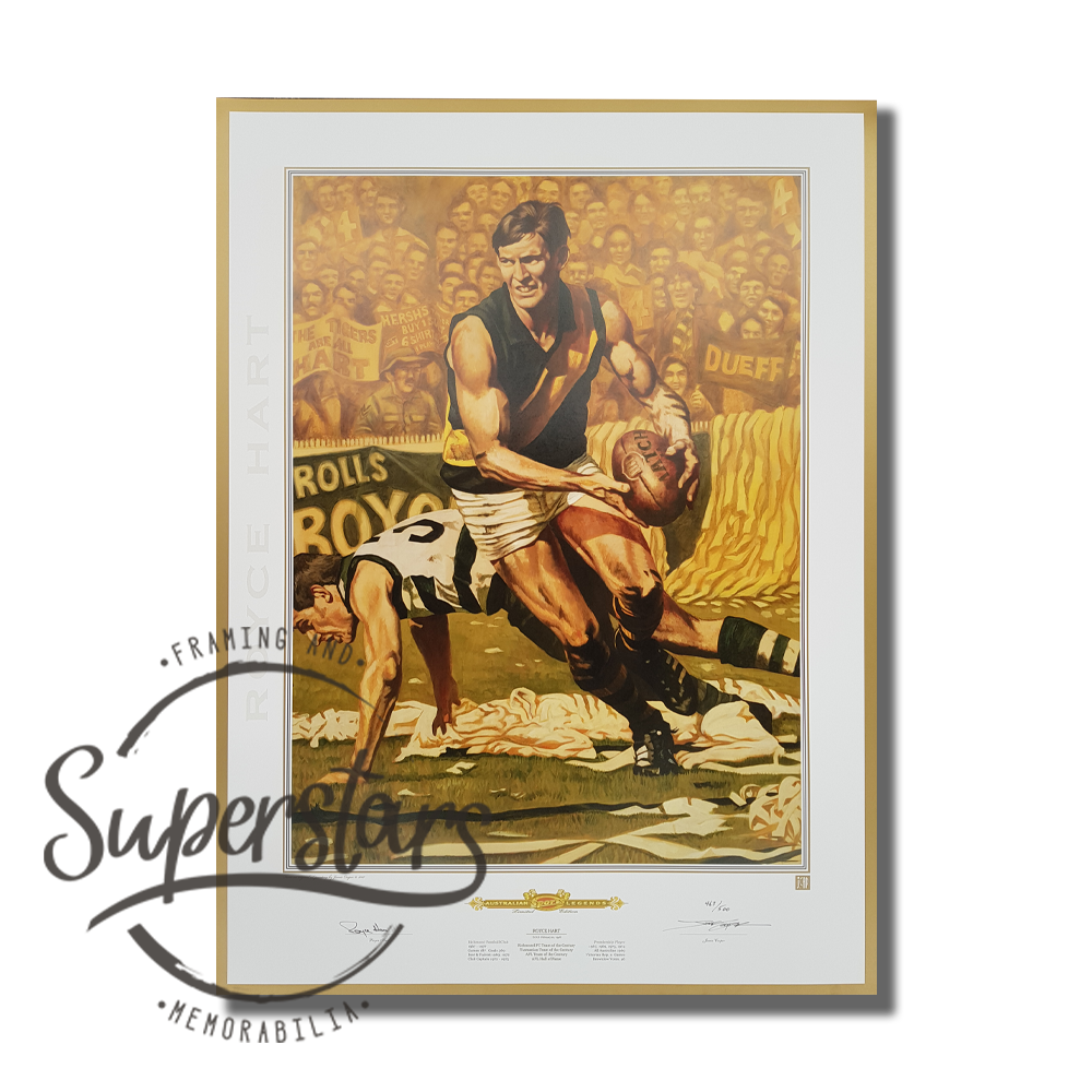 Royce Hart memorabilia - this is a poster, made from the original painting of Royce Hart on the football field running with the ball. It has been signed by Royce and the artist.