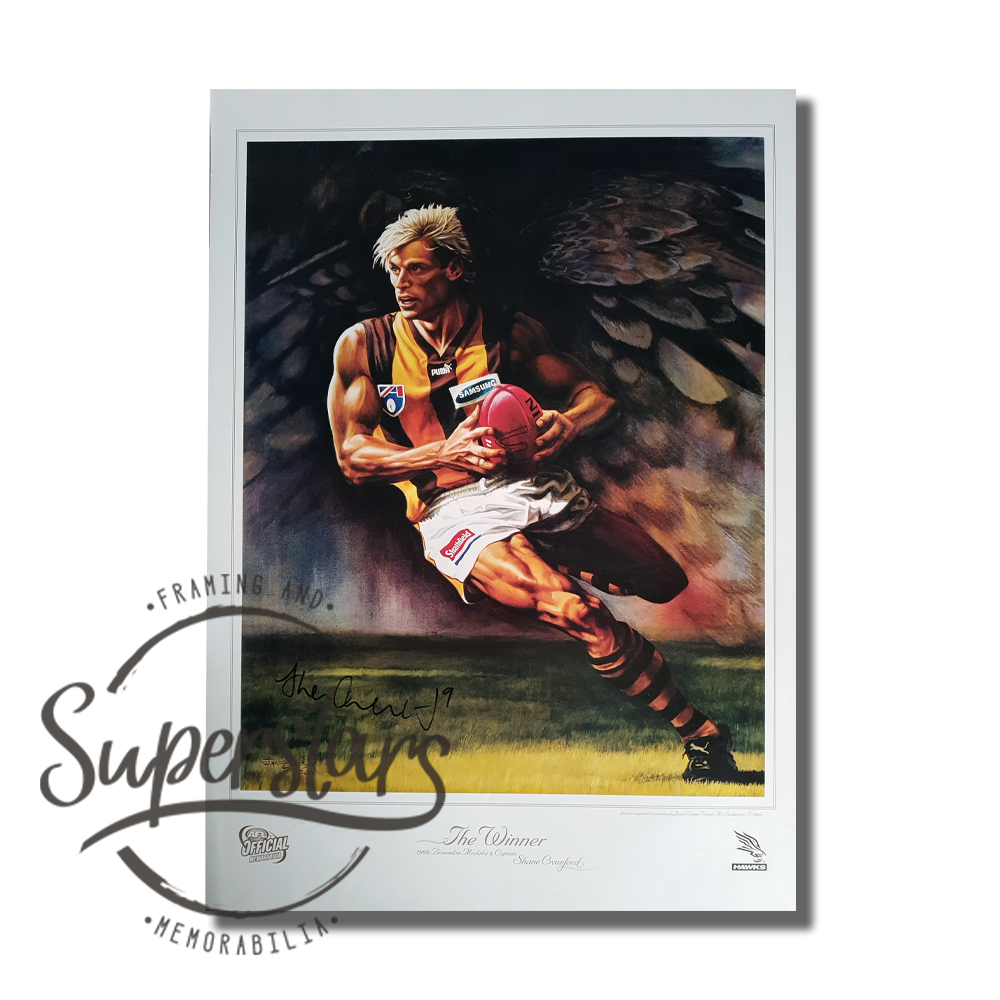 Shane Crawford memorabilia - this is a poster, made from the original painting of Royce Hart on the football field running with the ball. It has been signed by Royce and the artist.