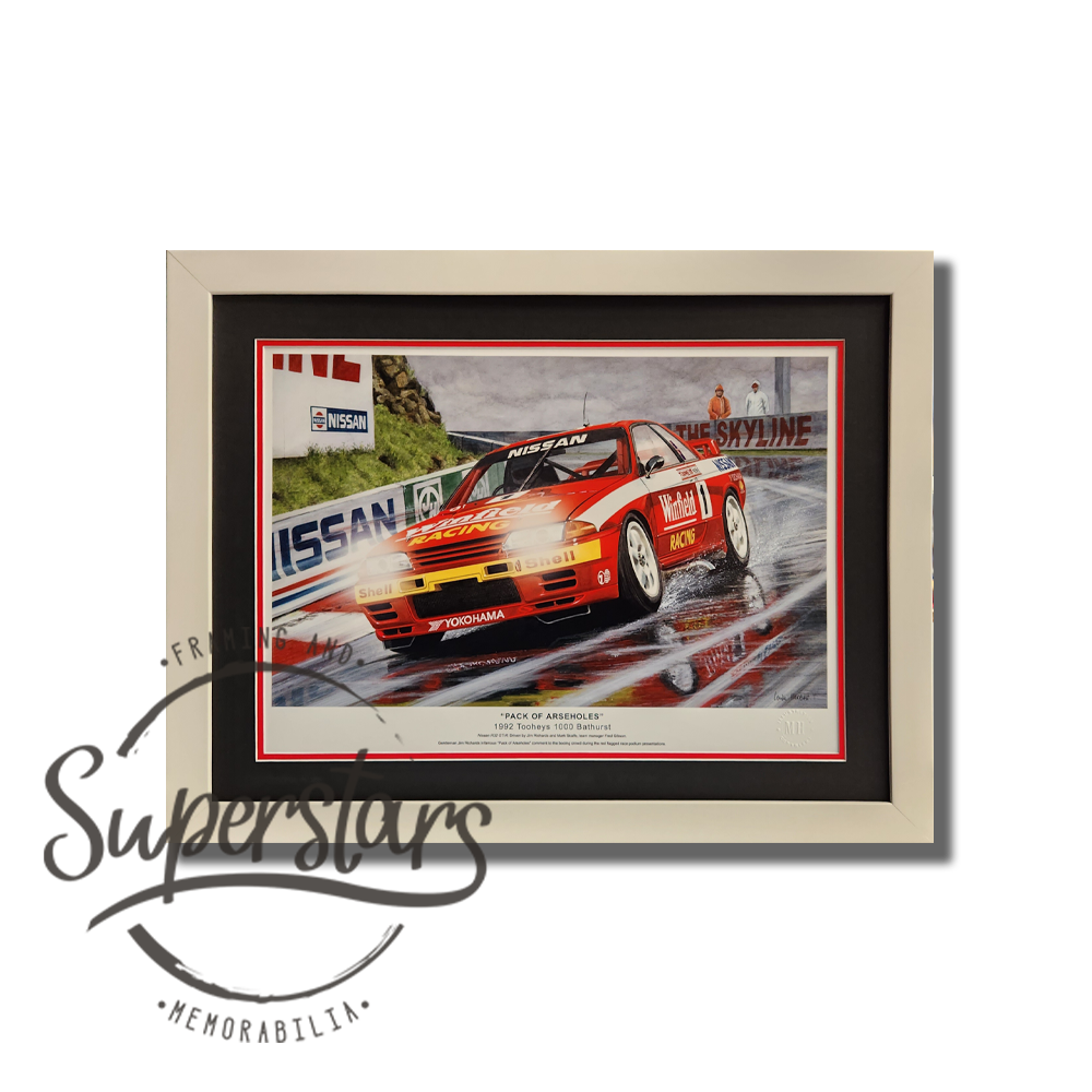 This colourful sketch captures the red Nissan R32 GT-R at the 1992 Tooheys Bathurst 1000. Driven by Mark Skaife and Jim Richards. Mark Skaife memorabilia