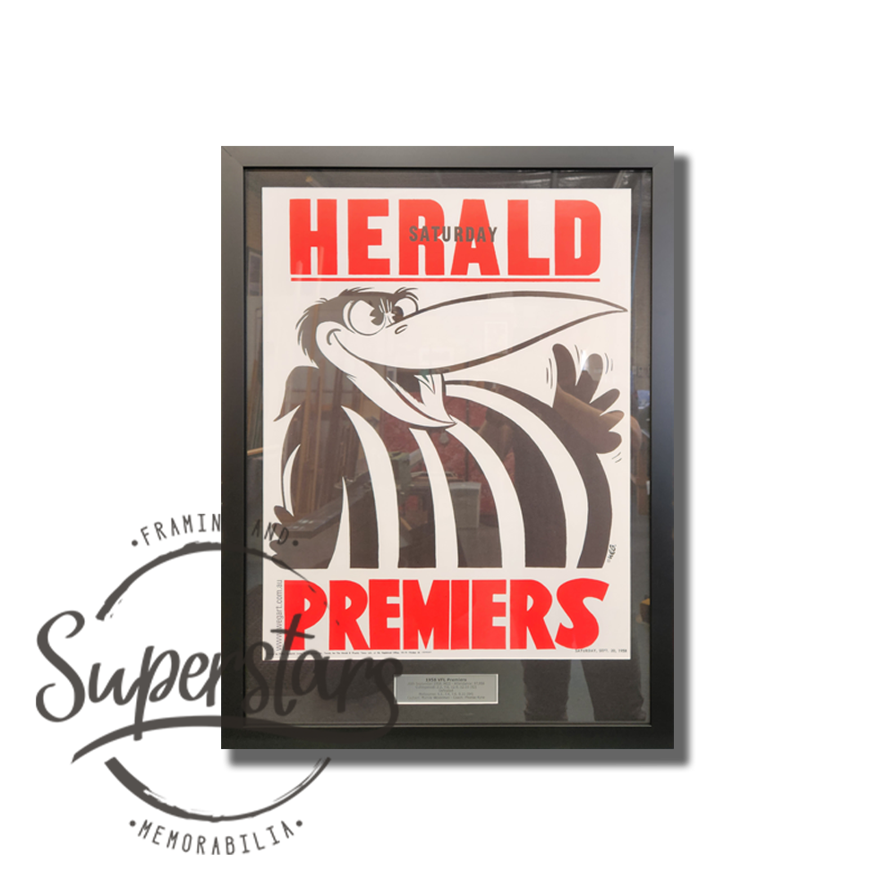 Collingwood Premiership Memorabilia. 1958 VFL Premiers. A cartoon magpie is the main feature, with the word Premiers across the bottom. This has been framed with a black border, black timber frame and silver plaque.