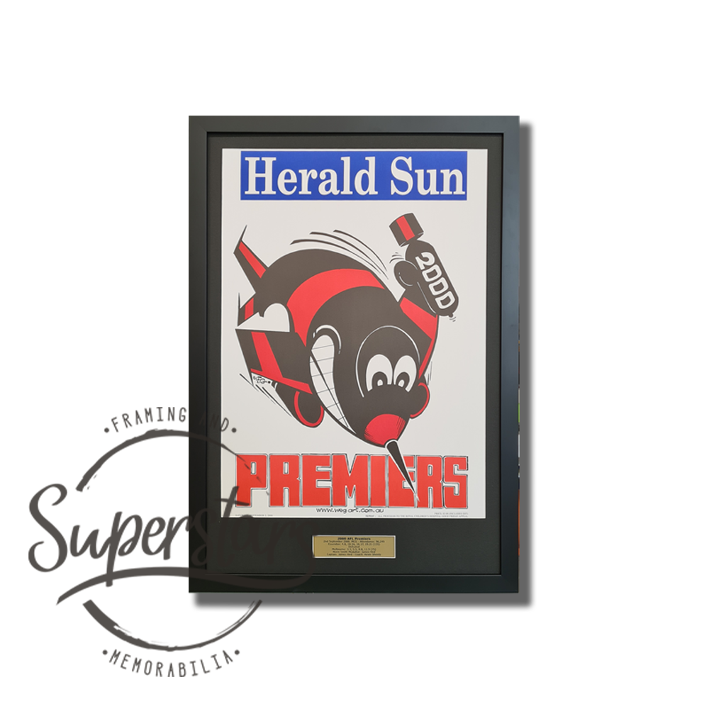Essendon Football Club Premiership Memorabilia. 2000 AFL Premiers. A cartoon bomber is the main feature, with the word Premiers across the bottom. This has been framed with a black border, black timber frame and plaque.
