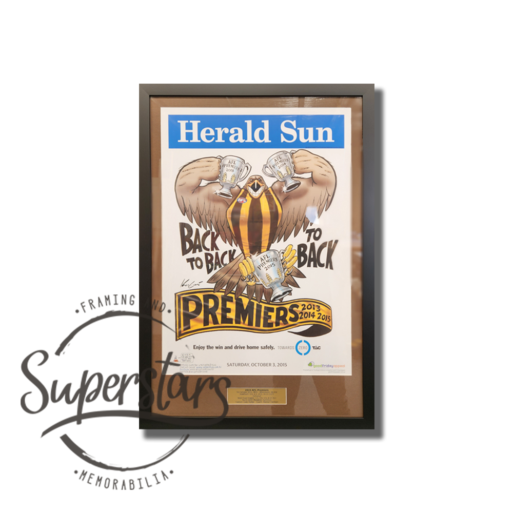 Hawthorn Premiership Memorabilia. 2015 AFL Premiers. A cartoon hawk is the main feature, with the word Premiers 2015 across the bottom. This has been framed with a brown border, black timber frame and plaque.