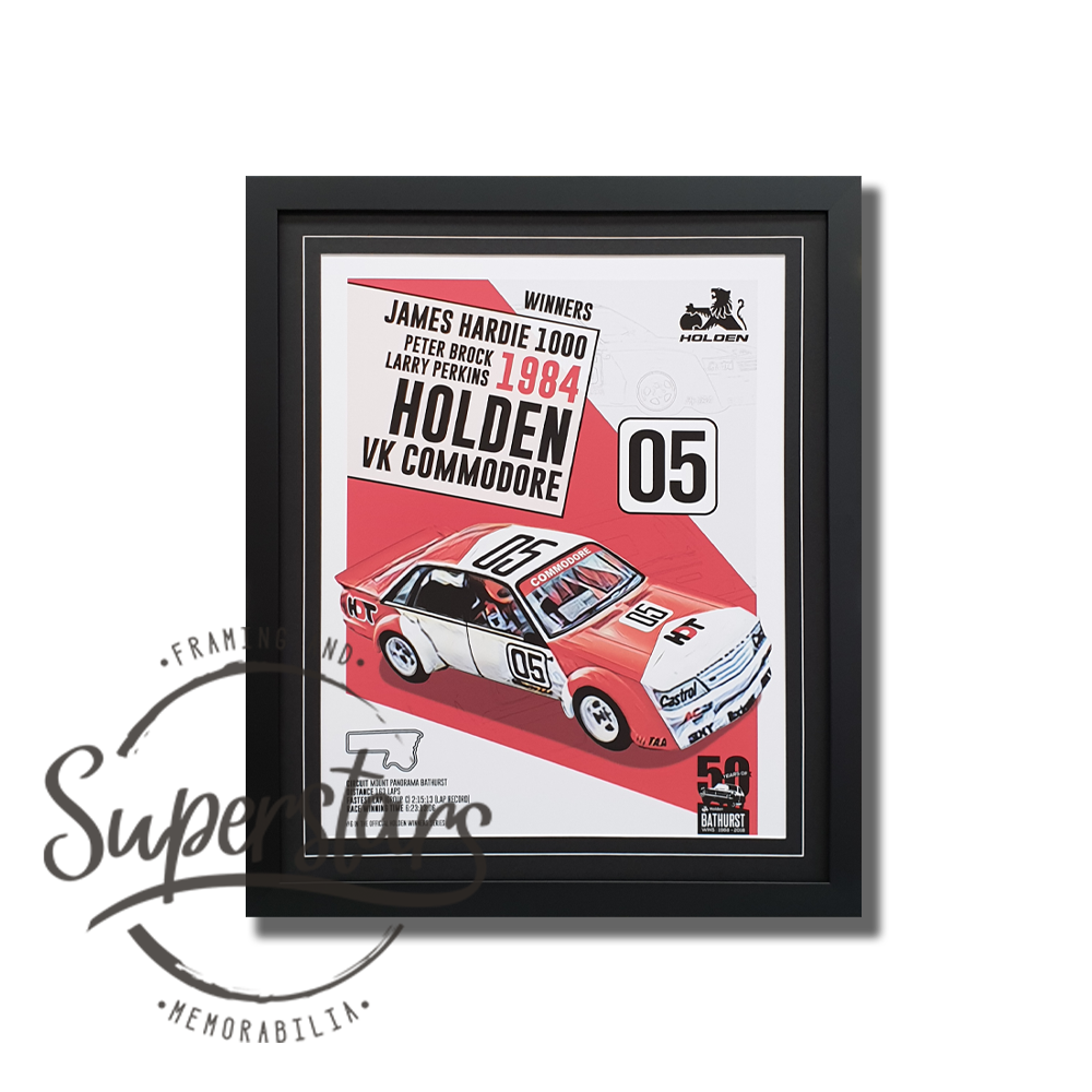 A print that features the Perkins who drove the Holden VK Commodore. It also features the statistics of the event and the drivers names. It is red, white themed with bold, black font.