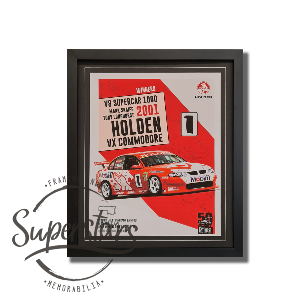 A print that features a Holden Commodore that was driven by Skaife/Longhurst at the 2001 Bathurst 1000. It is red and white.