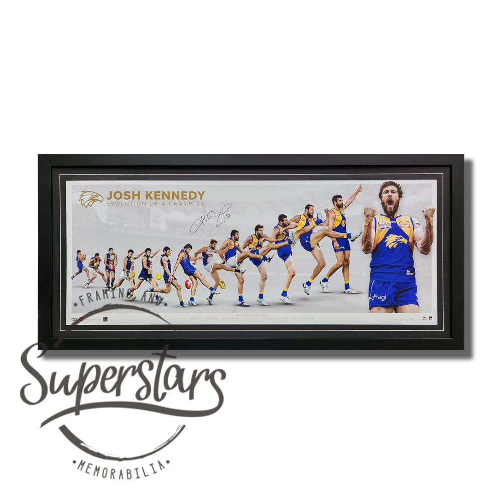 This large, landscape poster collates 15 photos of Josh about to kick a goal. It has his name printed in gold along the top and has been hand signed in black ink. It is framed with a black border and black frame. Celebrating josh kennedy's retirement.