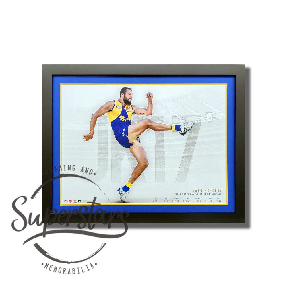 A poster of Josh Kennedy kicking a goal. Behind him is a white background with JK17. It has been framed with a blue border and black timber frame