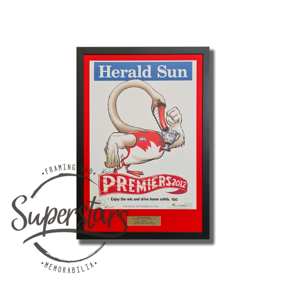 Sydney Swans Memorabilia: A cartoon of the Swan winning the 2012 AFL Premiership. It has a heading that reads Herald Sun